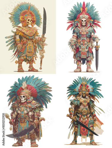 Detailed illustration of Aztec inspired skeleton warriors wearing ornate feathered armor and holding ceremonial weapons, blending mythology, culture, and vibrant fantasy character design.