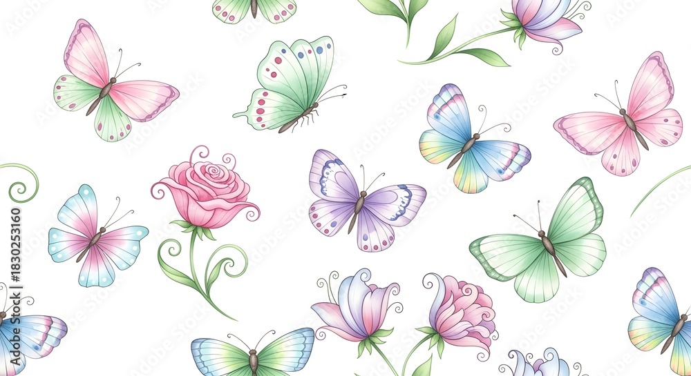 Fototapeta premium Butterfly and Floral Seamless Pattern Background 