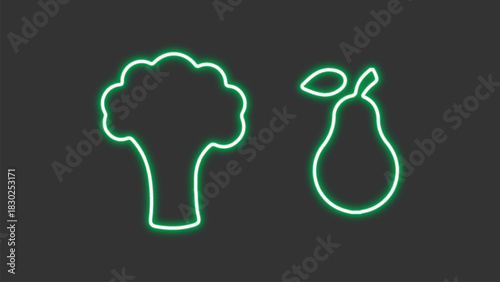 Neon Broccoli and Pear Outline Vector, Glowing Vegetable Icon Set, Healthy Food Concept