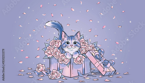 Cute cat sitting inside gift box surrounded by pink rose petals playful adorable expression pastel background whimsical joyful floral celebration fantasy art