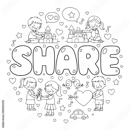 Share Hand Lettering Typography Coloring Book Page Vector. Communication and Emotional Health Activity for Kids with Outlined Elements generative ai