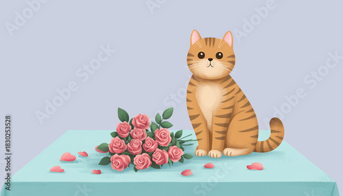 Cute cat sitting beside bouquet of pink roses with heart shaped petals scattered on blue table, creating sweet and romantic atmosphere