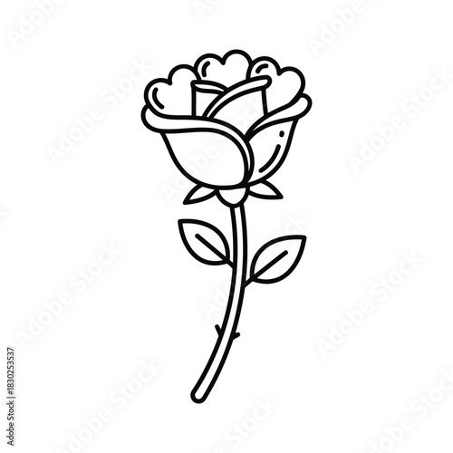 Simple black and white line art tattoo style drawing of a single rose flower