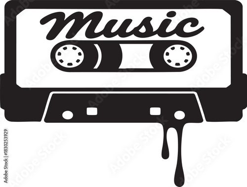 A black and white illustration of a vintage cassette tape with the word 'Music' on its label, dripping like melting wax.