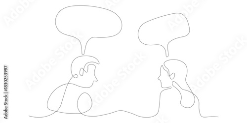 Continuous Line Drawing of Two People Talking with Speech Bubbles Representing Communication and Dialogue Creating a Minimalist Design for Conversations and Discussions