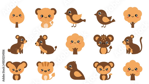 A cute collection of cartoon woodland animals and smiling trees in a kawaii vector illustration style.