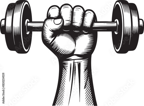 A powerful, clenched fist in a detailed sketch style holds a heavy barbell, symbolizing strength and determination.