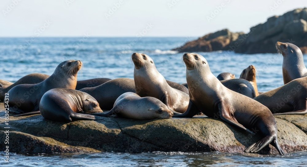 Fototapeta premium Sea lions resting on a rock outcrop