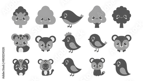 A cute collection of grayscale kawaii forest animals and trees including birds deer and skunks with big expressive eyes.