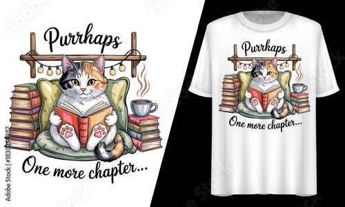 Purrhaps One More Chapter, Cat Reading Book, T-Shirt Design.