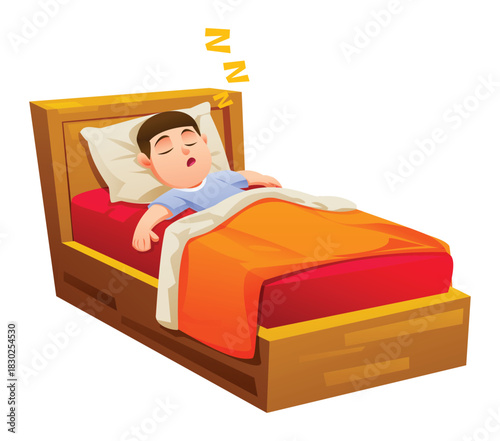 Little boy sleeping deeply in his bed under a bright orange blanket. Vector cartoon illustration