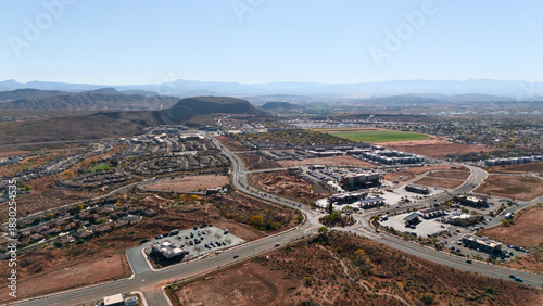 Aerial of suburban neighborhood and highway near Mesquite Nevada