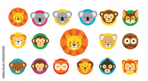 A vibrant collection of cute cartoon animal faces, including lions, koalas, monkeys, and owls, presented as avatars in circular frames.
