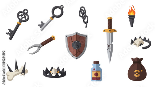 Fantasy Game Items Collection - Keys, Weapons, Shields, and Potions.