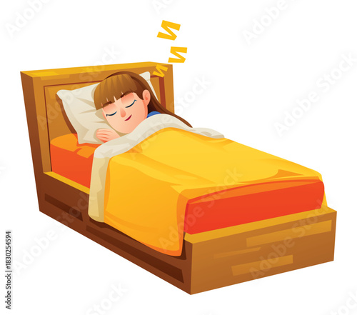 Adorable young girl sleeping deeply in her bed under a bright yellow-orange blanket. Vector cartoon illustration
