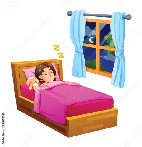Young girl sleeping peacefully in her bed under a pink blanket with a window showing the night sky. Vector cartoon illustration