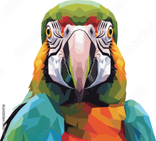 Colorful macaw parrot head in a geometric pop art style. A vibrant vector illustration of a tropical bird, isolated on a white background