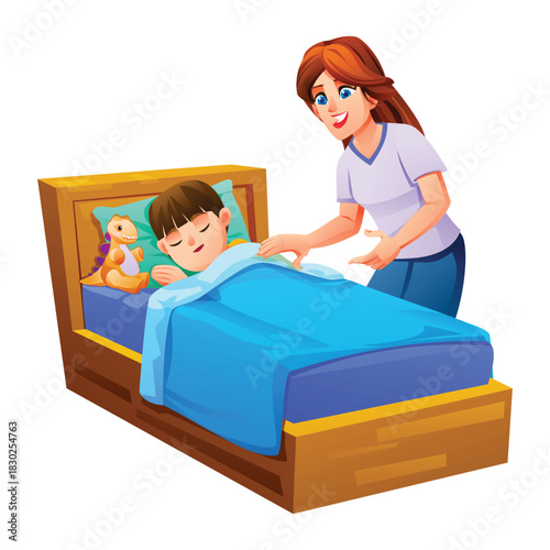 Caring mother tucking her sleeping boy into bed with a soft blue blanket and a stuffed dinosaur. Vector cartoon illustration