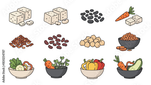 Hand drawn collection of healthy vegan food ingredients.