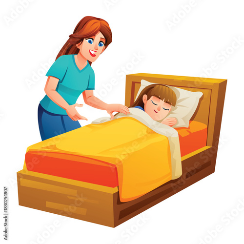 Loving mother gently tucking her young girl into bed under a bright yellow-orange blanket. Vector cartoon illustration