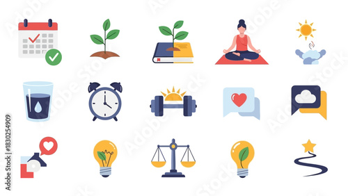Icons representing self-care, personal growth, and well-being practices.