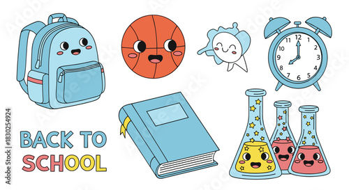 Cute cartoon back to school supplies with happy faces, including a backpack, book, basketball, alarm clock, and science beakers, on a white background.