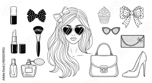 A beautiful stylish woman wearing heart-shaped sunglasses, surrounded by a vibrant collection of essential fashion and beauty accessories.