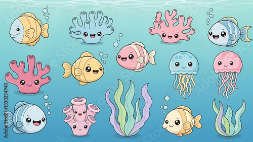 Cute Cartoon Sea Creatures and Marine Plants Vector Illustration Set.