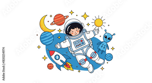 Happy cartoon astronaut exploring colorful outer space with planets, stars, a rocket, and a friendly alien.