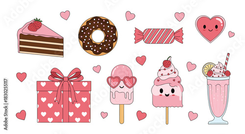 A delightful collection of cute pink Valentine's Day desserts, sweets, and gifts, including a cake, donut, ice cream, and milkshake, adorned with hearts.