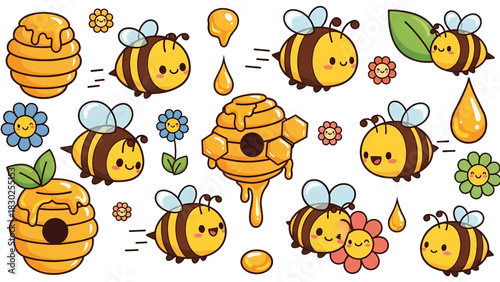 Cute Cartoon Bees and Beehives with Honey Drips Flowers and Happy Expressions.