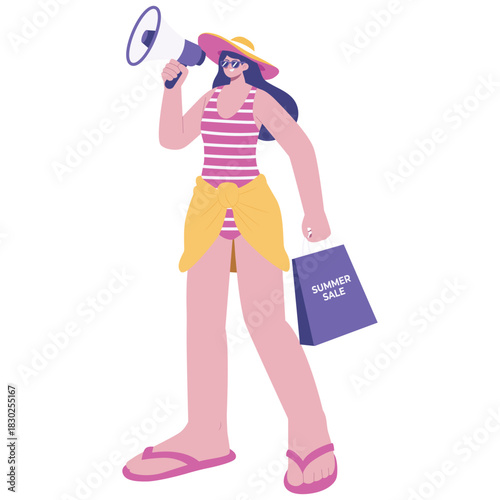 Summer Sale Illustration. Vector illustration of Woman in swimsuit with hat and sunglasses uses a megaphone while holding a shopping bag to promote a summer sale at the beach. Isolated on background