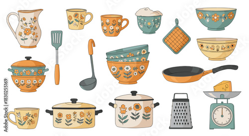 A collection of charming, retro-style kitchenware and cooking utensils featuring vibrant floral patterns and warm earthy tones.