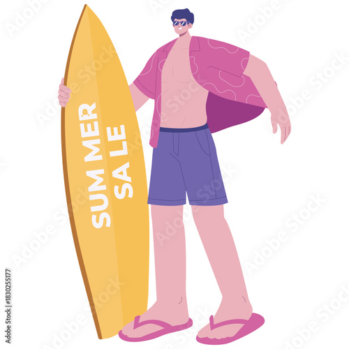 Summer Sale Illustration. Vector illustration of Man in beachwear holding a surfboard with summer sale text, ideal for vacation shopping and travel promotions. Isolated on background