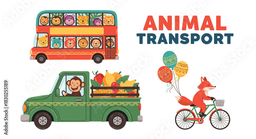 Whimsical illustration of happy animal characters traveling by various modes of transport, including a bus, a fruit truck, and a fox on a bicycle.