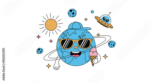 A cool Earth cartoon character with sunglasses and a backward cap, enjoying ice cream in space surrounded by stars, planets, the sun, and a UFO.