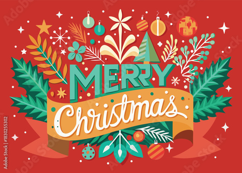 Joyful Merry Christmas greeting with festive ornaments and holly, perfect for holiday cards and seasonal promotions with a warm, cheerful vibe