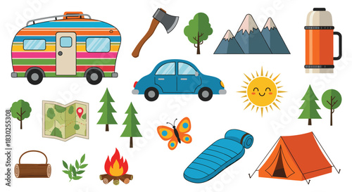 A vibrant collection of cartoon illustrations featuring camping gear, travel essentials, and nature elements for outdoor adventures.