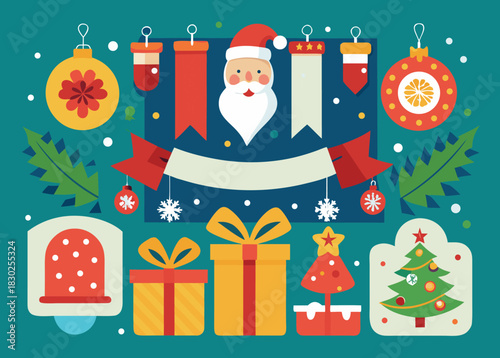 Festive Christmas holiday decorations to celebrate the season with Santa Claus, gifts, snowflakes, and cheerful trees for a merry winter celebration