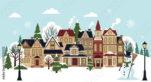 A charming winter wonderland town scene with snow-covered houses, festive trees, and a friendly snowman under a snowy sky.