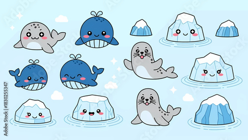 Adorable Cartoon Seals and Whales Swimming Near Icebergs in Water.