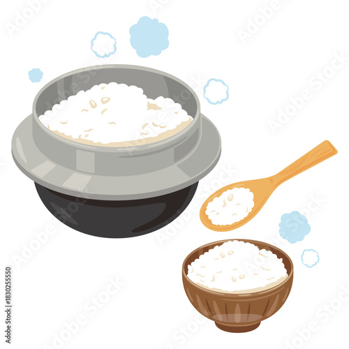 釜炊きご飯とお茶碗に盛られたご飯のイラスト／Illustration of Rice Cooked in a Pot and Served in a Rice Bowl