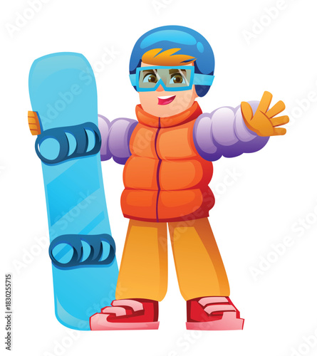 Energetic boy snowboarder in a puffy vest holding a snowboard with open arms. Vector cartoon character illustration