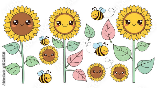 Cute Cartoon Sunflowers with Happy Faces and Flying Bees Illustration Set.