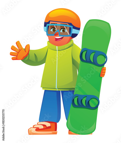 Happy boy snowboarder in bright outerwear holding a snowboard and waving his hand. Vector cartoon character illustration