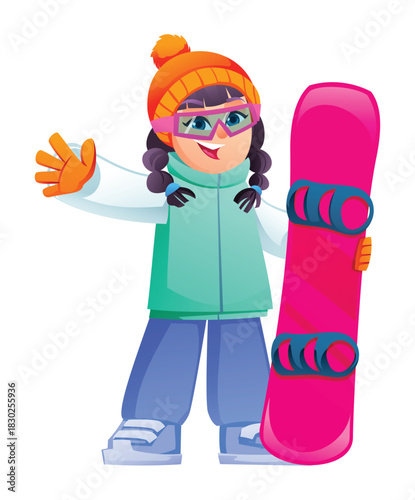 Little girl snowboarder in a jacket holding a board and waving. Vector cartoon character illustration