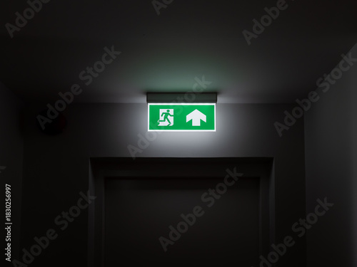 Quadro su tela Emergency exit sign glowing in dark hallway, symbolizing building safety, fire escape route, emergency preparedness, survival path, and standard safety compliance in public and commercial buildings