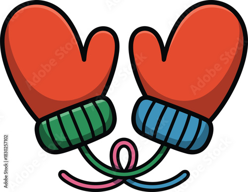 Red winter mittens pair illustration with tie and ribbon design on transparent