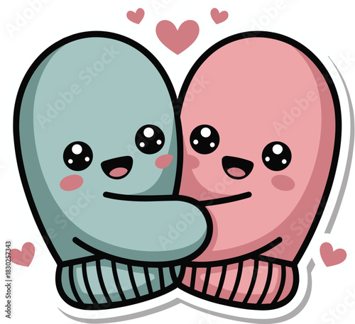 Two mittens hugging each other with hearts above them on transparent background
