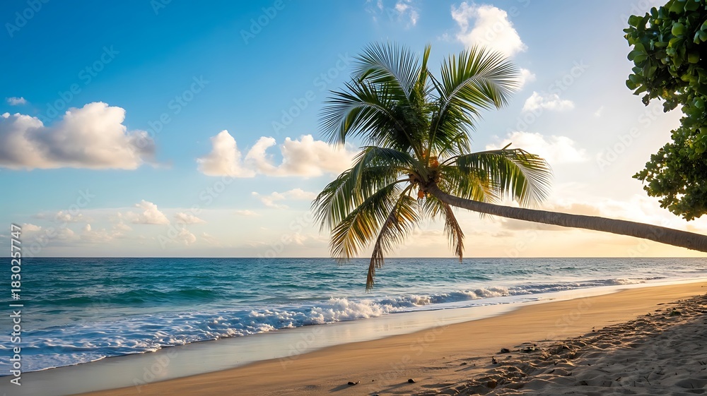 Obraz premium Tropical beach with leaning palm tree and gentle ocean waves at sunset image